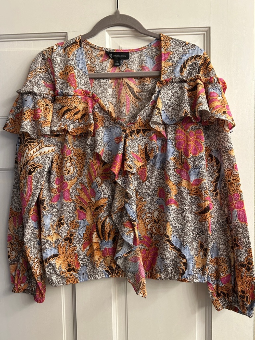 INC International Concepts Floral Ruffle V-Neck Blouse in Pink, Gold & Blue